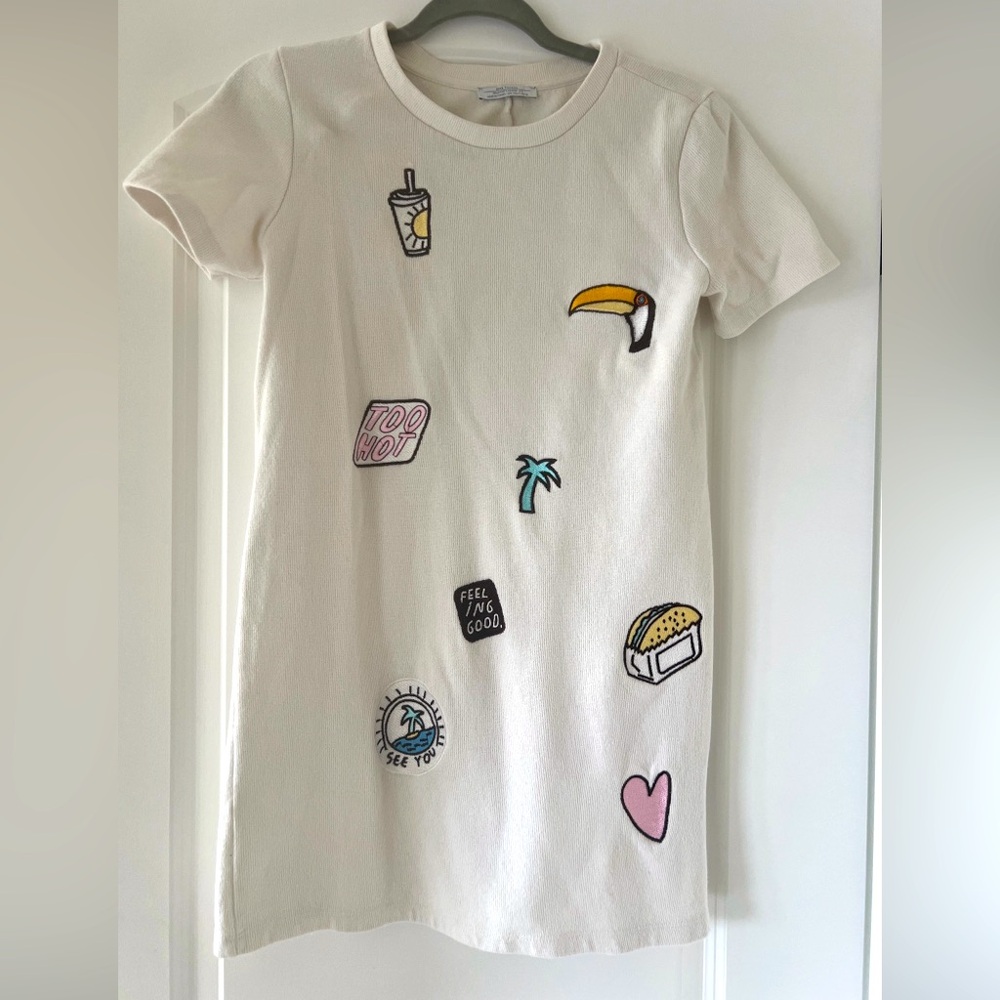 Zara Patchwork White Dress Short Sleeve Mini Length Women’s Size S